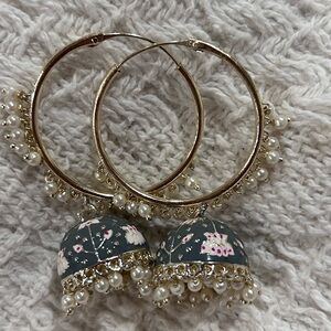 Silver Hoop Earrings with Gray Floral Jhumka and Pearl Fringe
